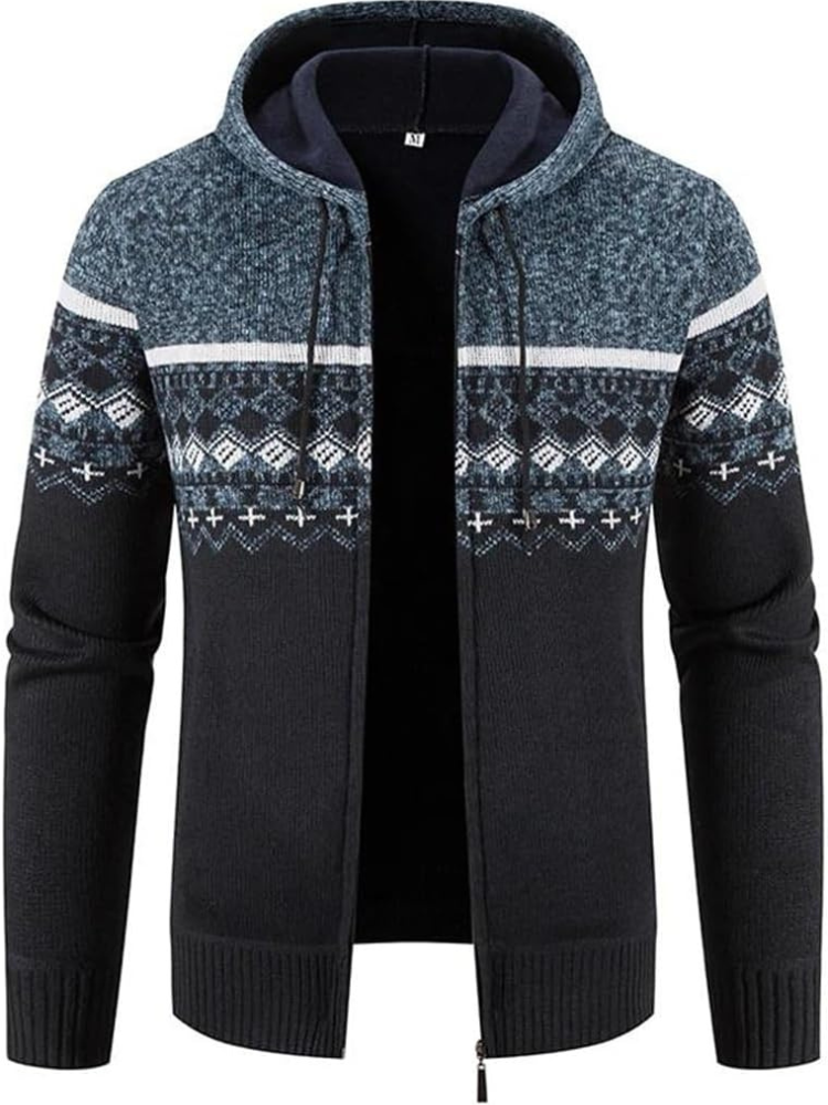 Men's hooded zip-front cardigan warm inner lining knit texture modern style winter comfort