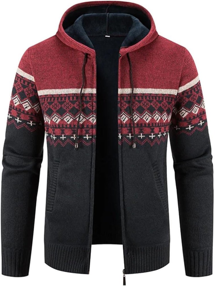Men's hooded zip-front cardigan warm inner lining winter knit neutral tones everyday layering piece