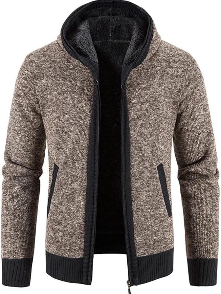 Men's hooded zip-front cardigan warm inner lining knit texture winter layering piece