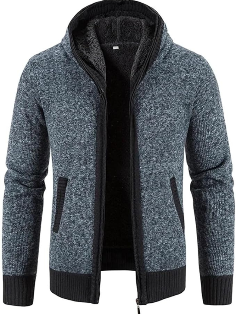 Men's hooded zip-front cardigan warm inner lining knit texture winter layering piece