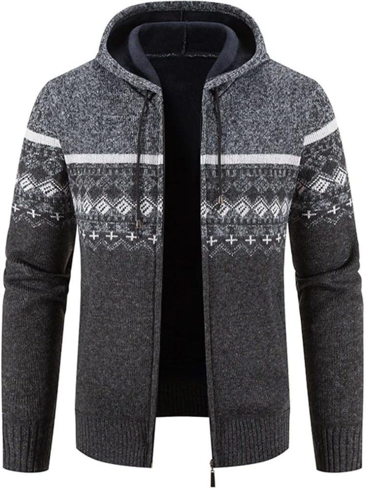 Men's hooded zip-front cardigan warm inner lining knit texture winter layering piece