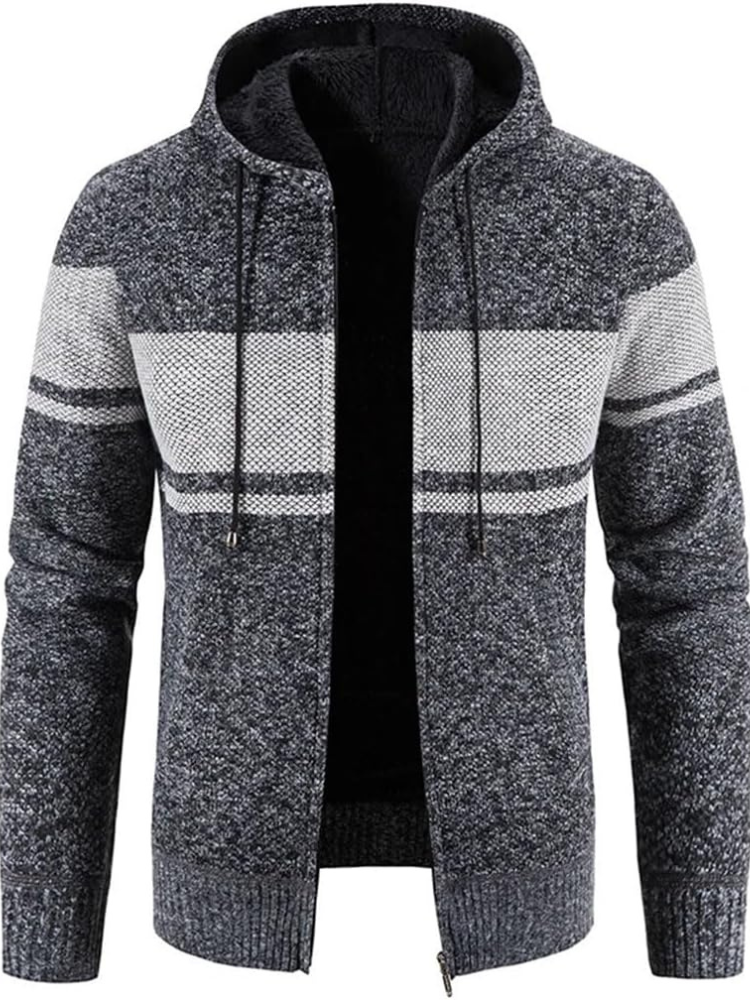 Men's hooded zip-front cardigan warm inner lining knit texture winter layering piece