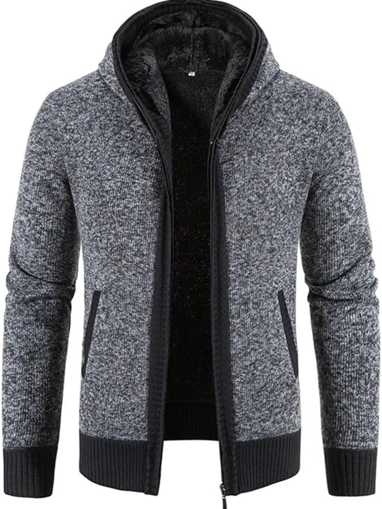 Men's hooded zip-front cardigan warm inner lining knit texture winter layering piece