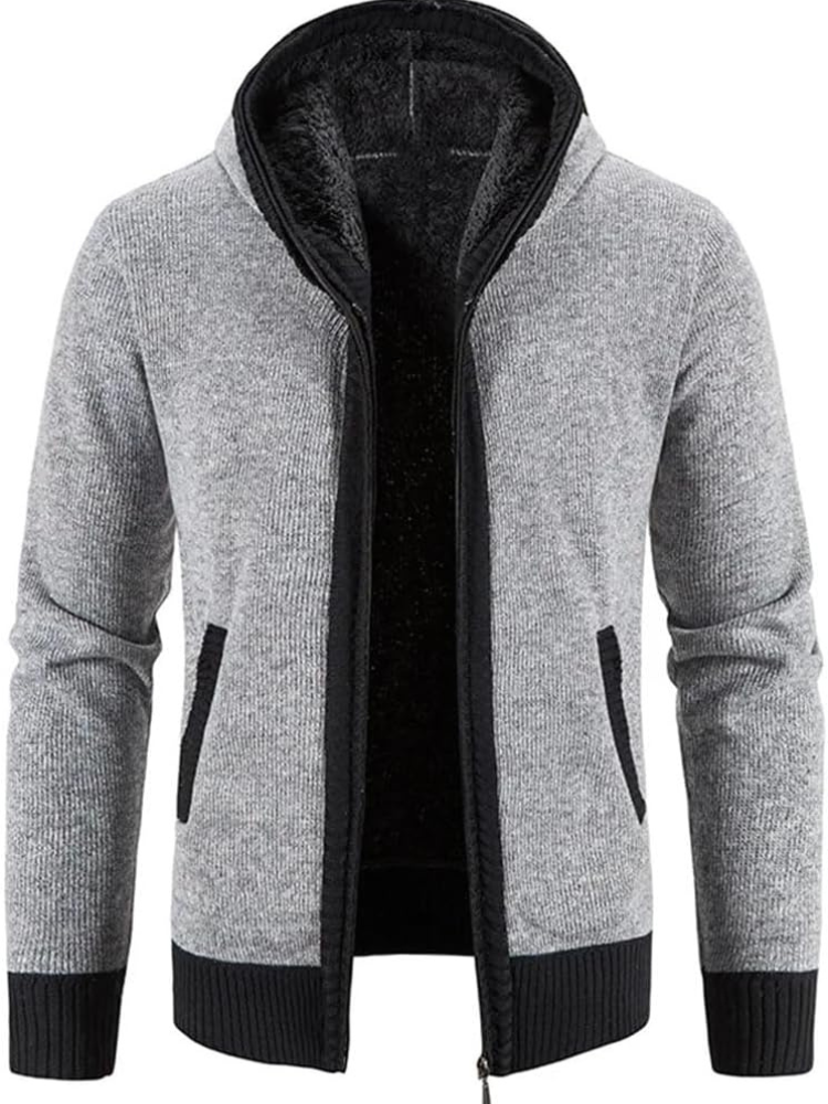 Men's hooded zip-front cardigan warm inner lining knit texture winter layering piece