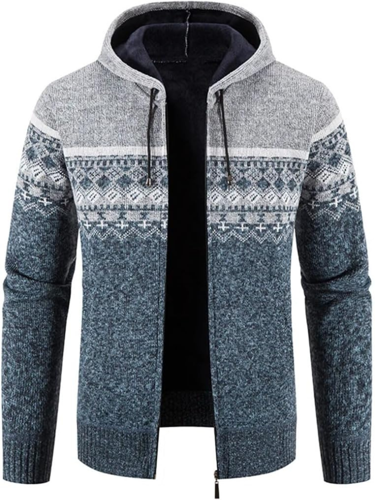 Men's hooded zip-front cardigan warm inner lining knit texture winter layering piece