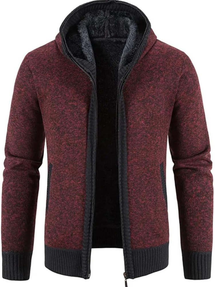 Men's hooded zip-front cardigan warm inner lining knit texture winter layering piece