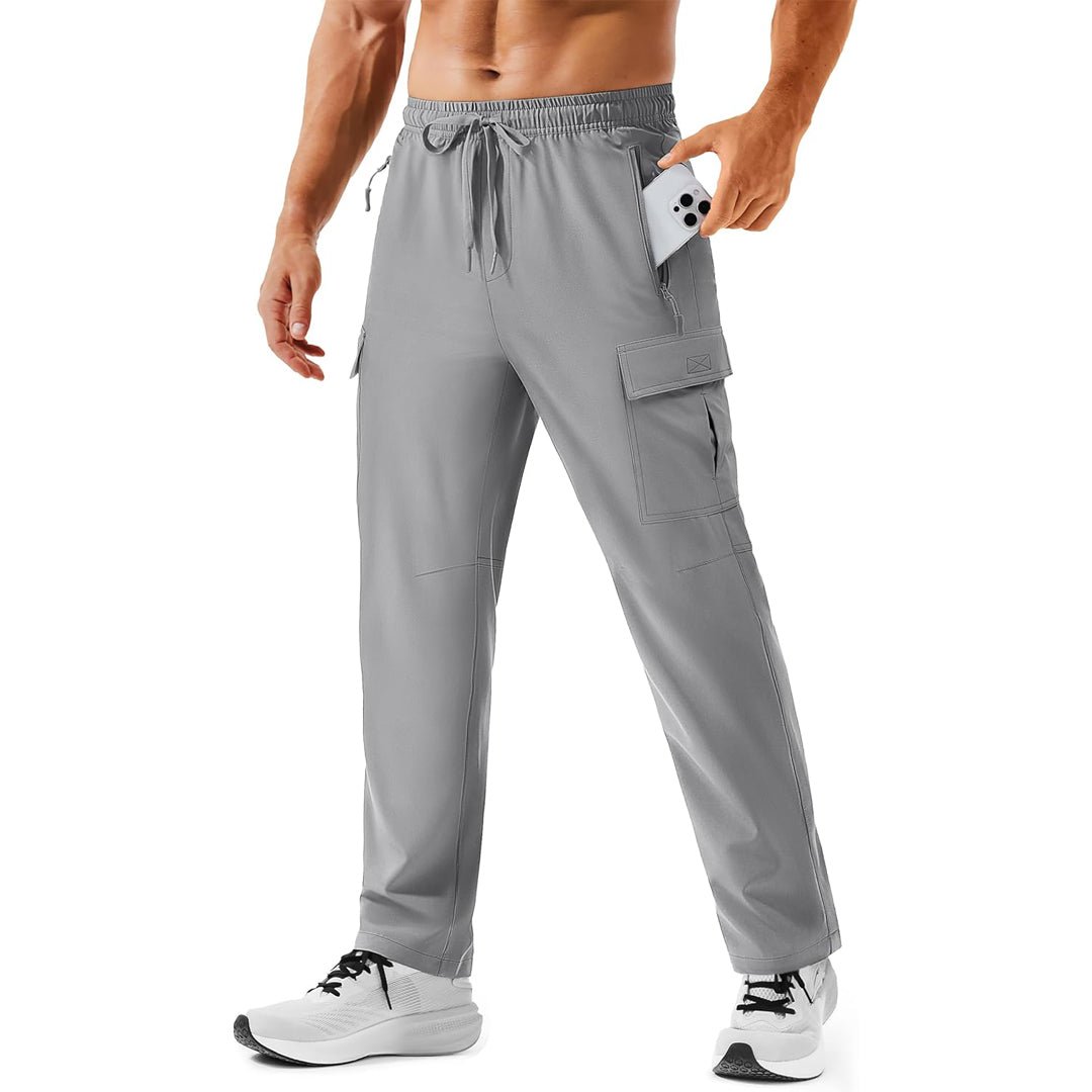 Men's gray hiking cargo pants quick-dry 4-way stretch with 5 secure zip pockets for outdoor trails