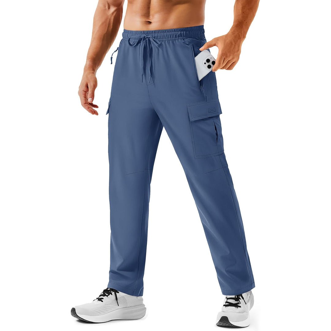 Men's khaki cargo hiking pants with 4-way stretch, quick-dry fabric, and 5 secure zip pockets