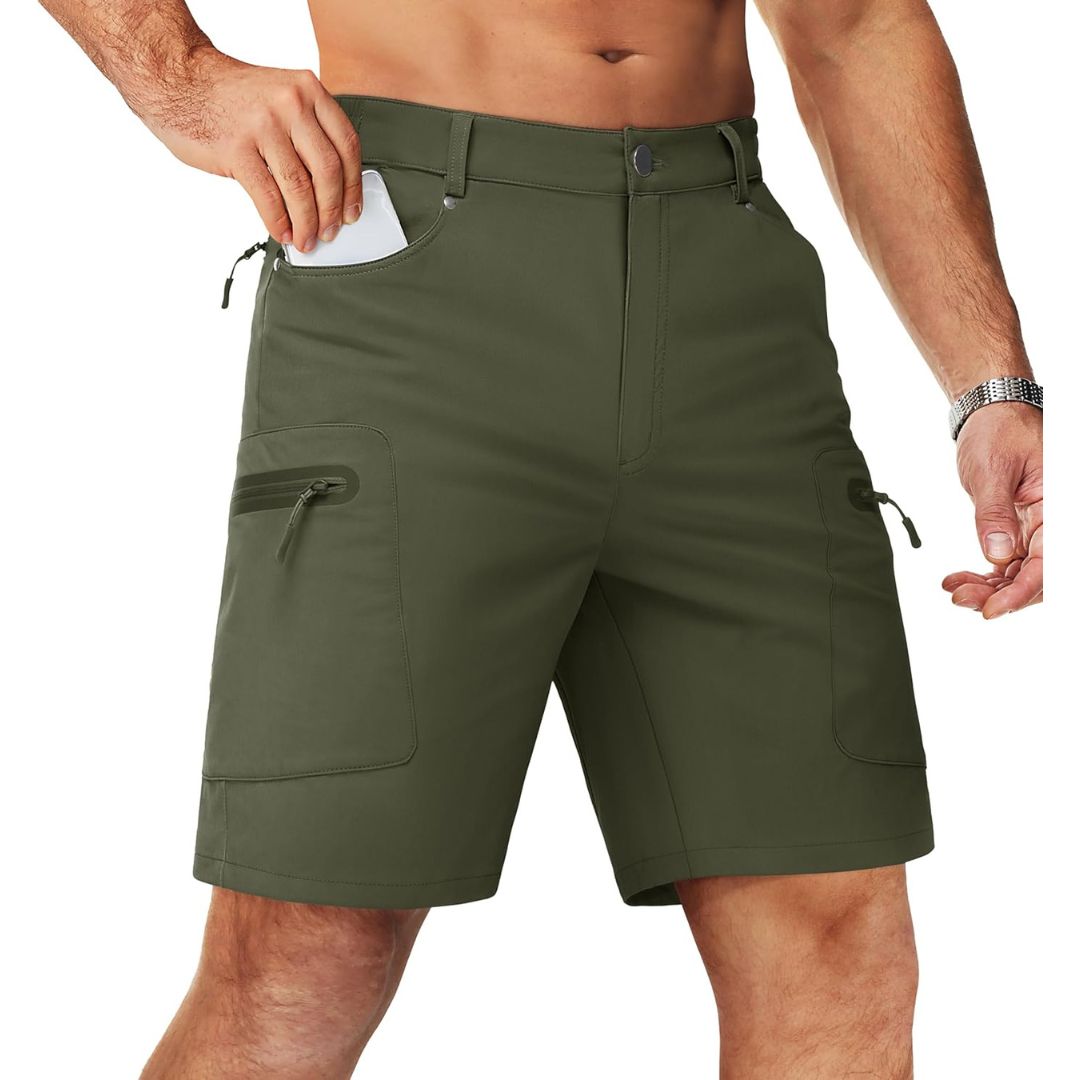 Men's lightweight khaki hiking cargo shorts 10-inch inseam quick-dry nylon blend with multi-pockets