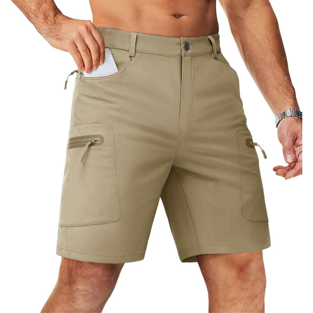 Men's lightweight khaki hiking cargo shorts 10-inch inseam quick-dry water-resistant outdoor travel