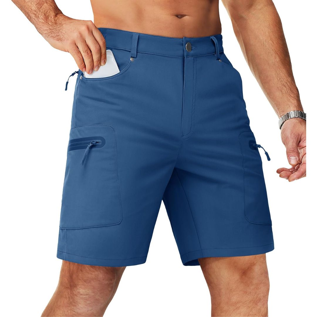 Men's lightweight khaki hiking cargo shorts 10-inch inseam quick-dry water-resistant outdoor travel
