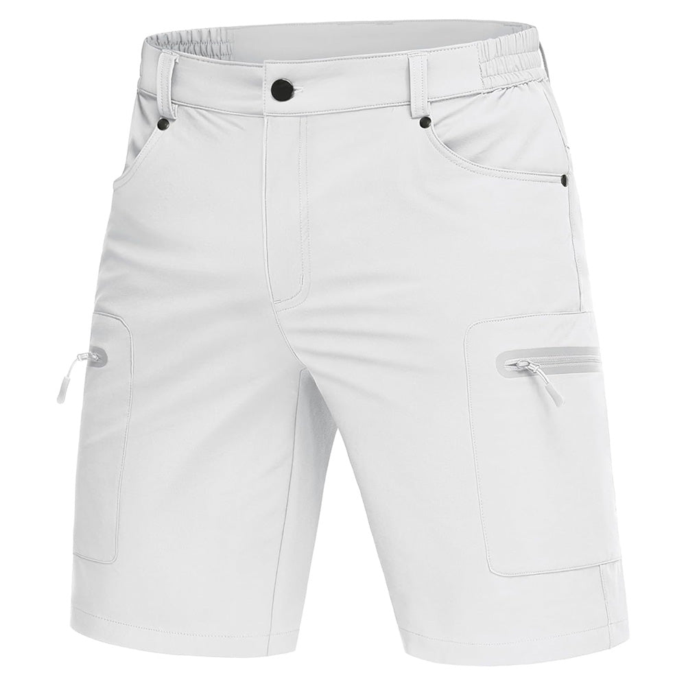Men's khaki cargo hiking shorts lightweight quick-dry zipper pockets nylon-spandex outdoor adventure fit