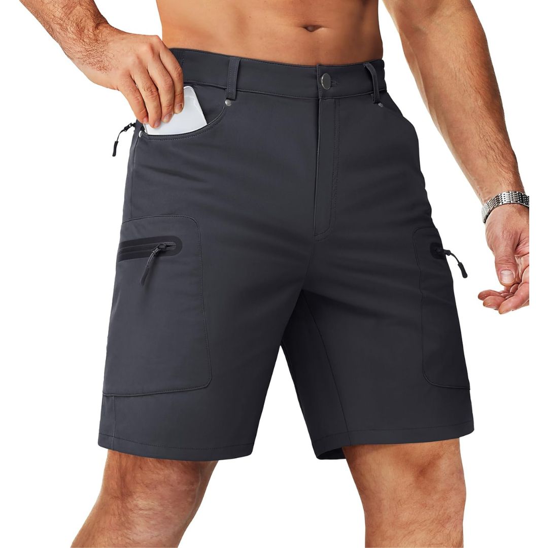 Men's lightweight khaki hiking cargo shorts 10-inch inseam with multi-pocket design for outdoor travel