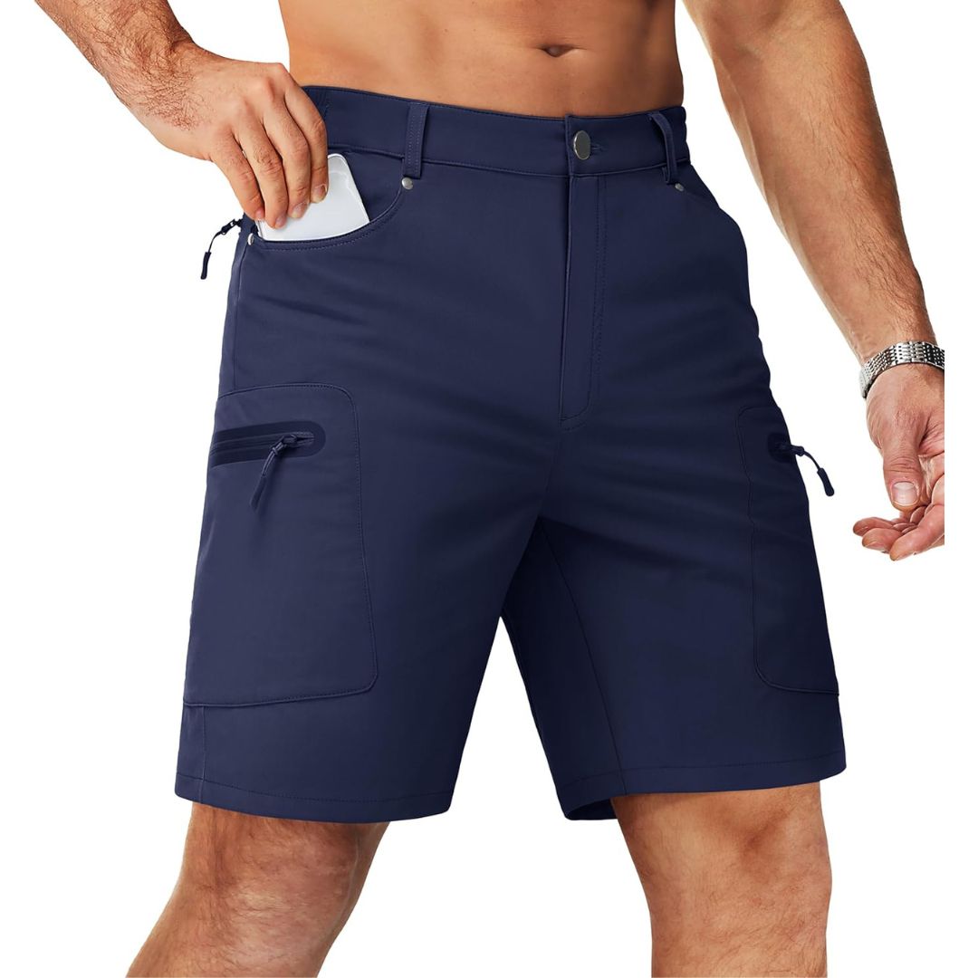 Men's lightweight khaki hiking cargo shorts 10-inch inseam quick-dry nylon with multi-pocket design