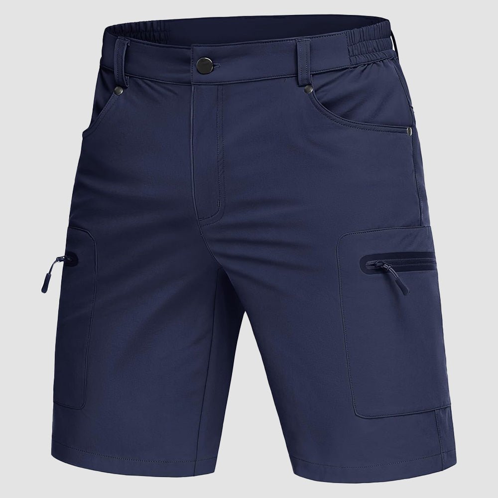 Men's khaki cargo hiking shorts with zipper pockets, lightweight quick-dry nylon blend for outdoor use