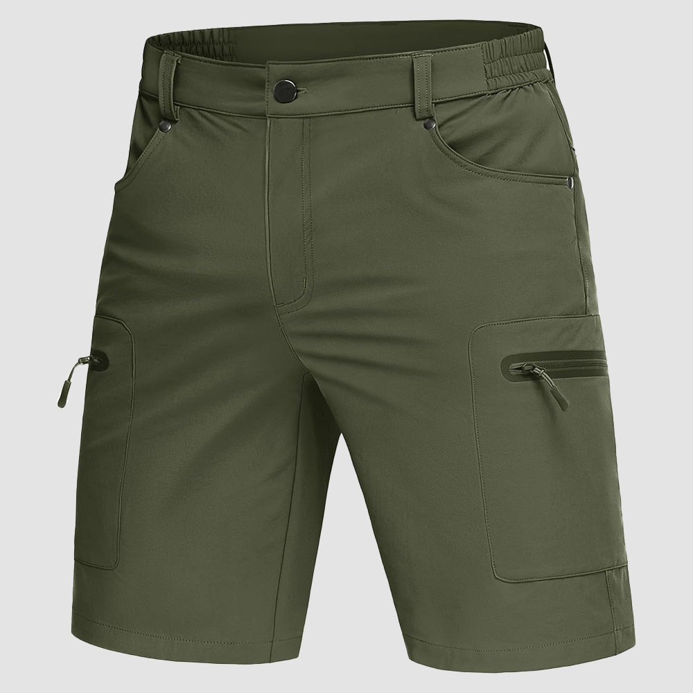 Men's lightweight khaki hiking cargo shorts with zipper pockets and quick-dry nylon fabric