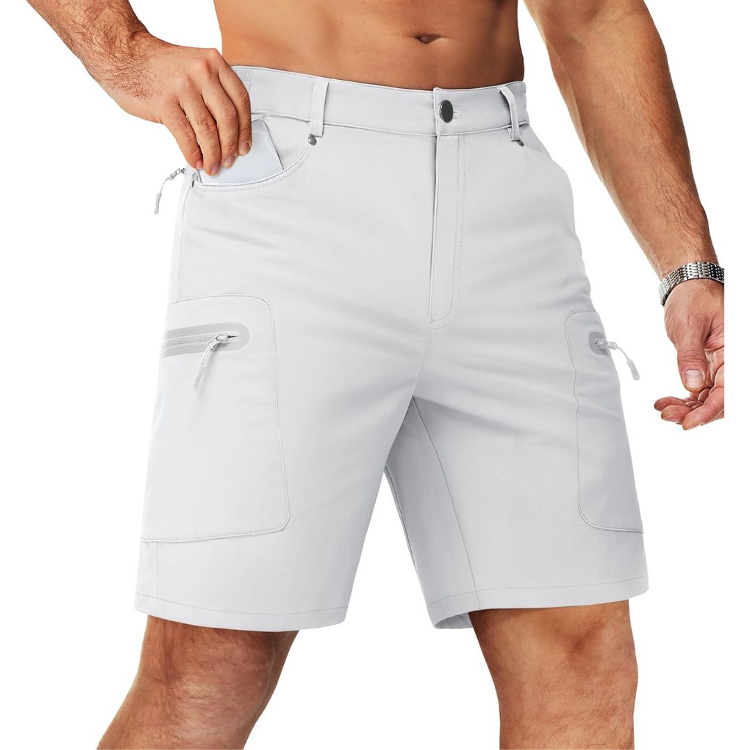 Men's lightweight khaki hiking cargo shorts 10-inch inseam quick-dry nylon with multi-pocket design