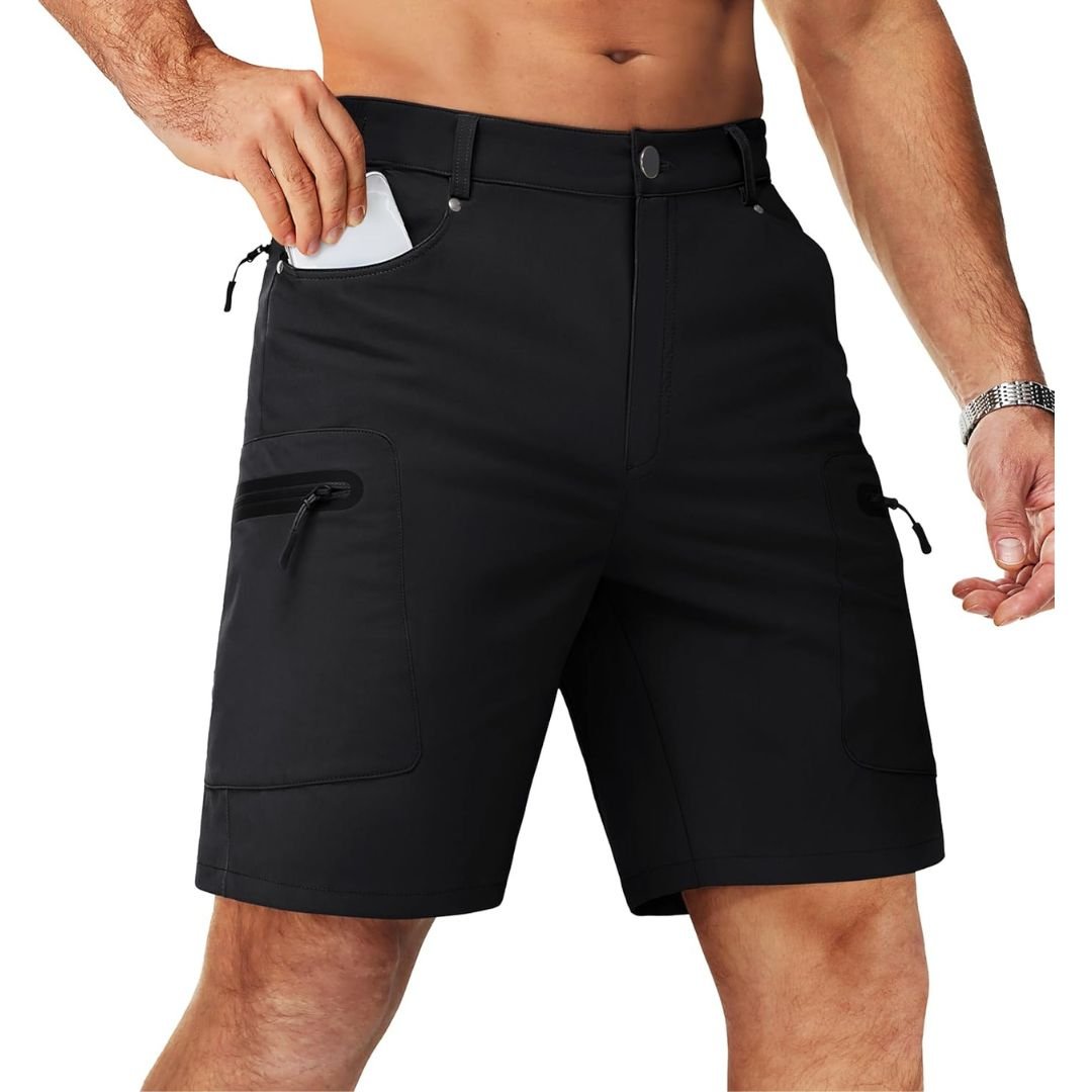 Men's lightweight khaki hiking cargo shorts 10-inch inseam quick-dry nylon with multi-pocket design