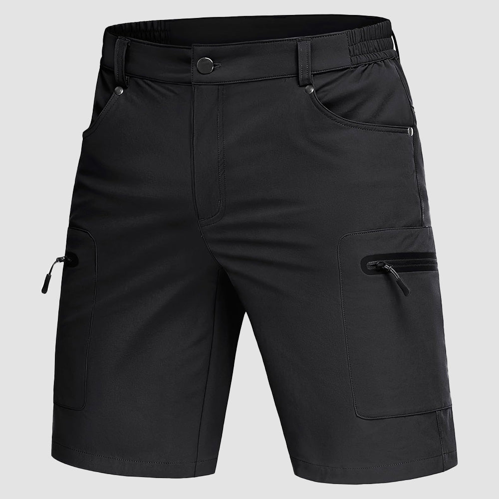 Men's lightweight khaki hiking cargo shorts with zipper pockets, quick-dry nylon blend