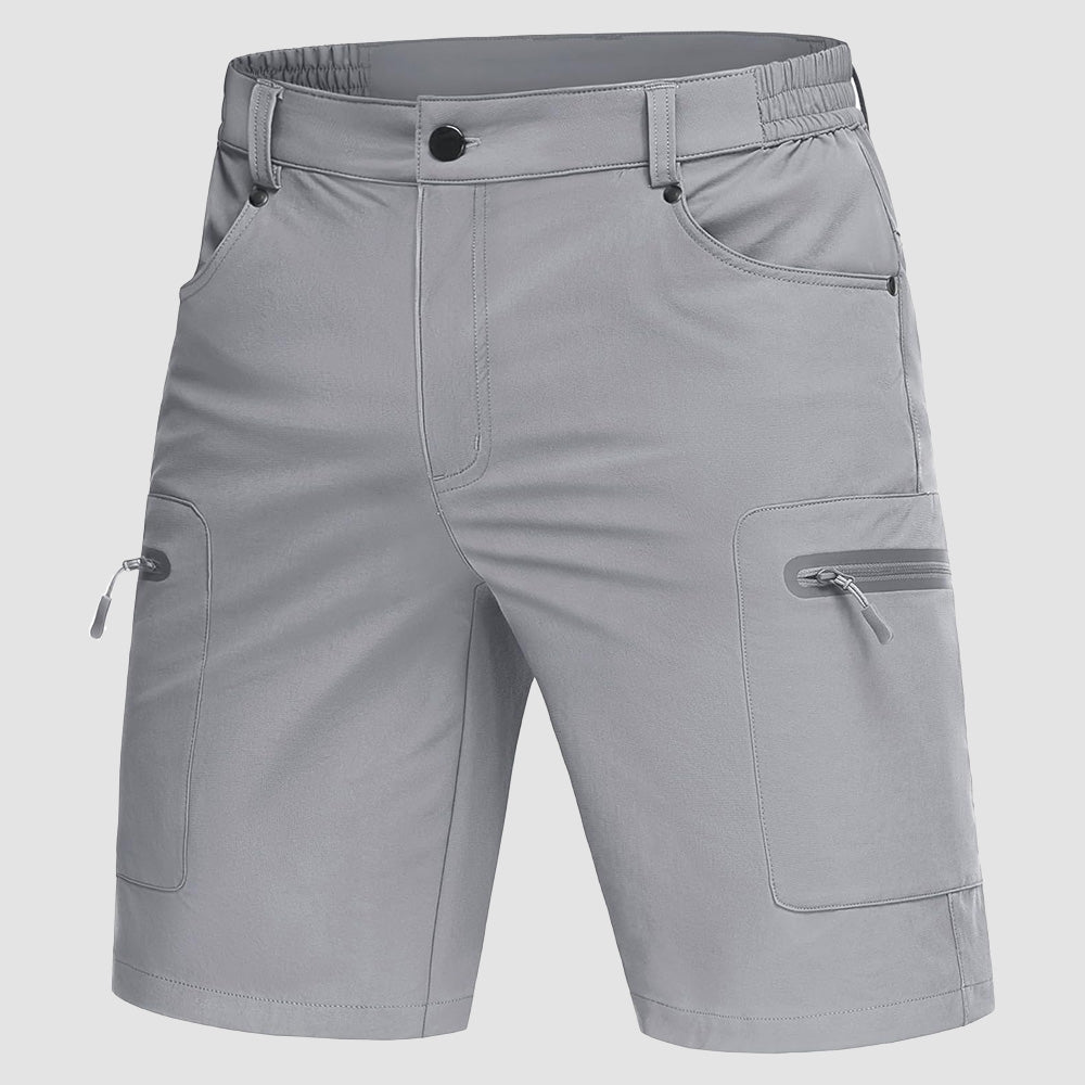 Men's lightweight khaki hiking cargo shorts with zipper pockets, quick-dry nylon-spandex blend