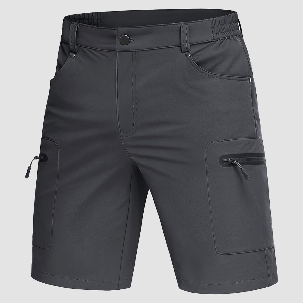Men's lightweight khaki hiking cargo shorts with zipper pockets, quick-dry nylon blend
