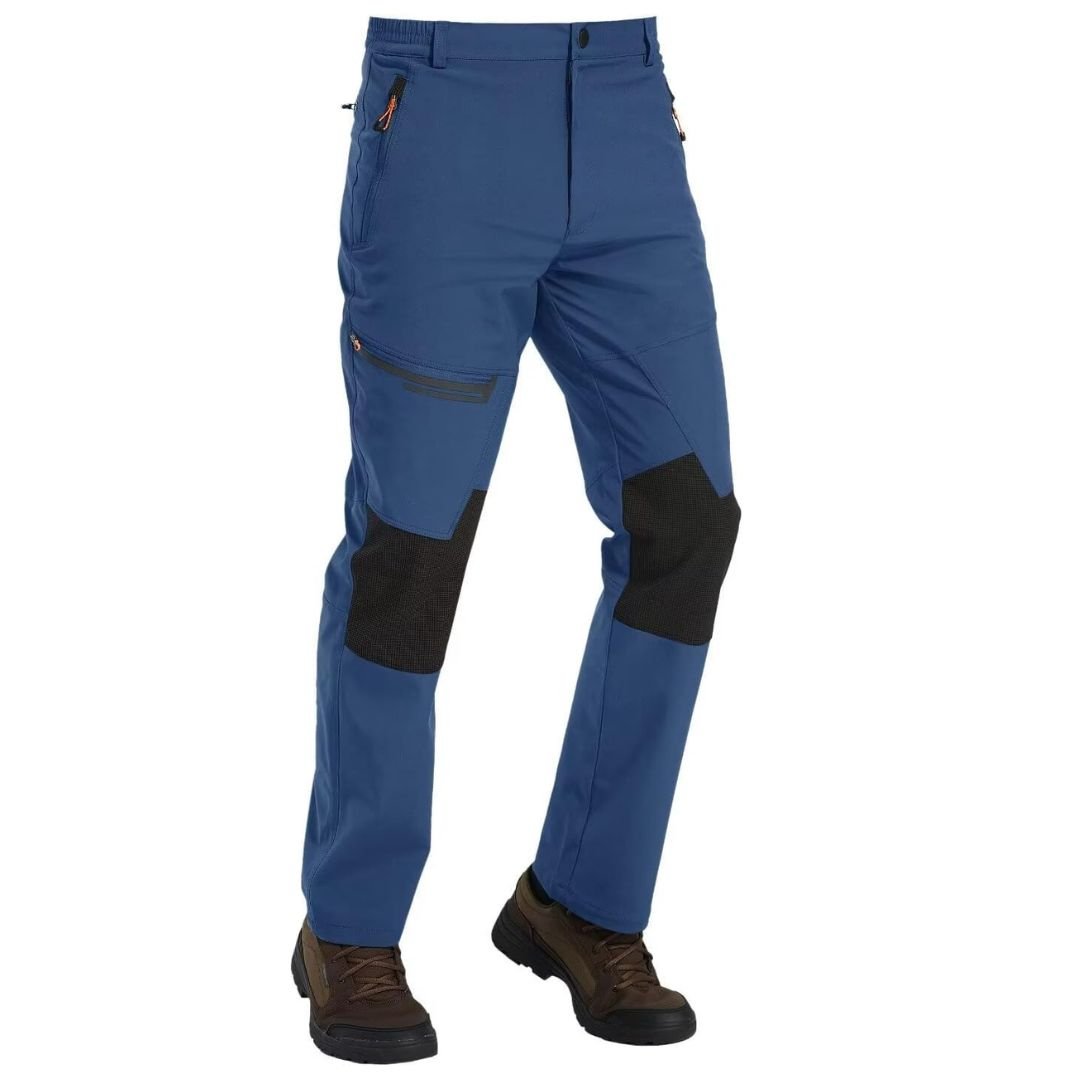 Men's fleece lined windproof ski pants for winter sports with water resistant shell