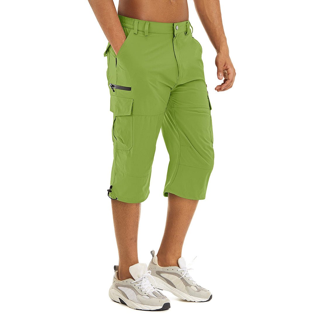Men's lightweight cargo capri shorts in khaki, quick-dry nylon blend with multi-pocket hiking design