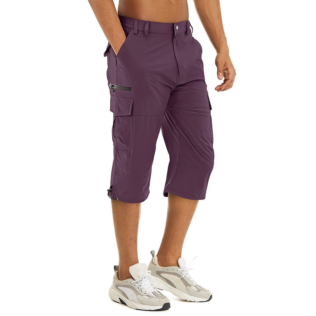 Men's khaki capri cargo shorts lightweight quick-dry water-resistant hiking outdoor wear with multi-pockets