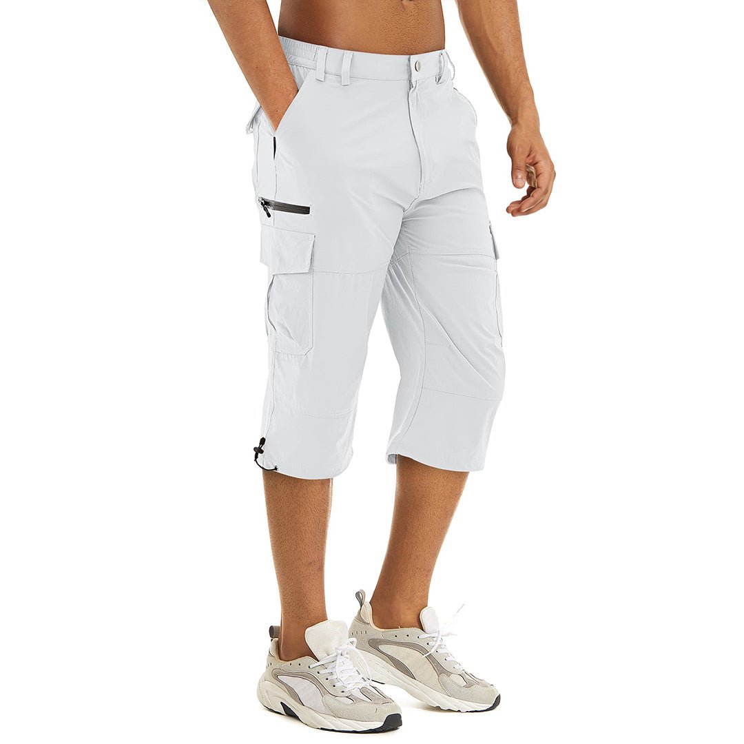 Men's khaki capri cargo shorts lightweight quick-dry water-resistant with multi-pocket hiking design