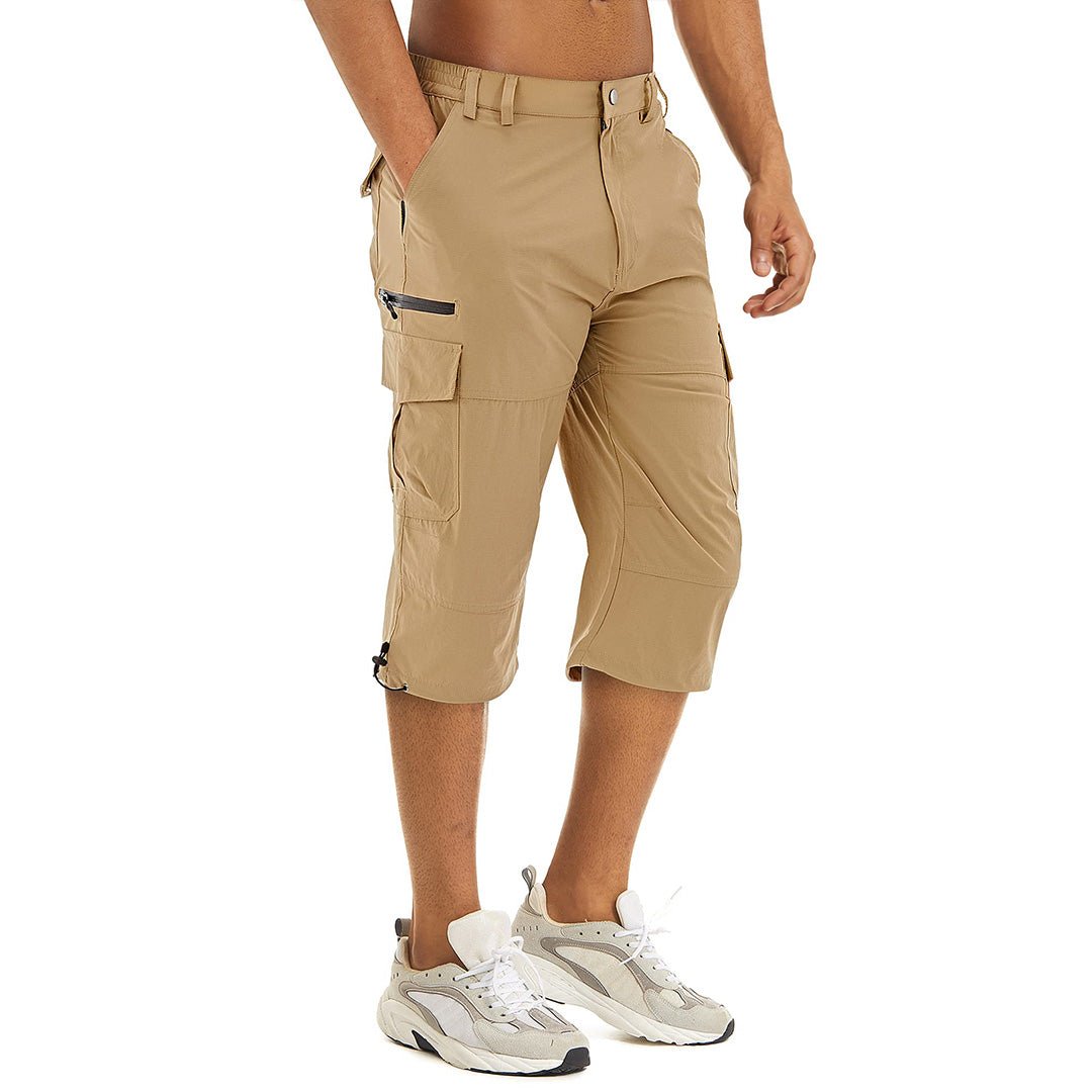 Men's khaki capri cargo shorts lightweight quick-dry hiking outdoor wear with multiple pockets