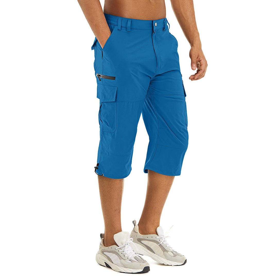Men's lightweight cargo capri shorts in khaki, quick-dry nylon blend with multi-pocket hiking design