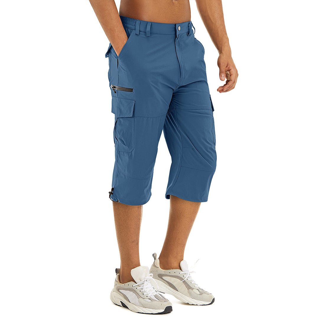 Men's khaki cargo capri shorts lightweight quick-dry water-resistant hiking outdoor wear with zip pockets