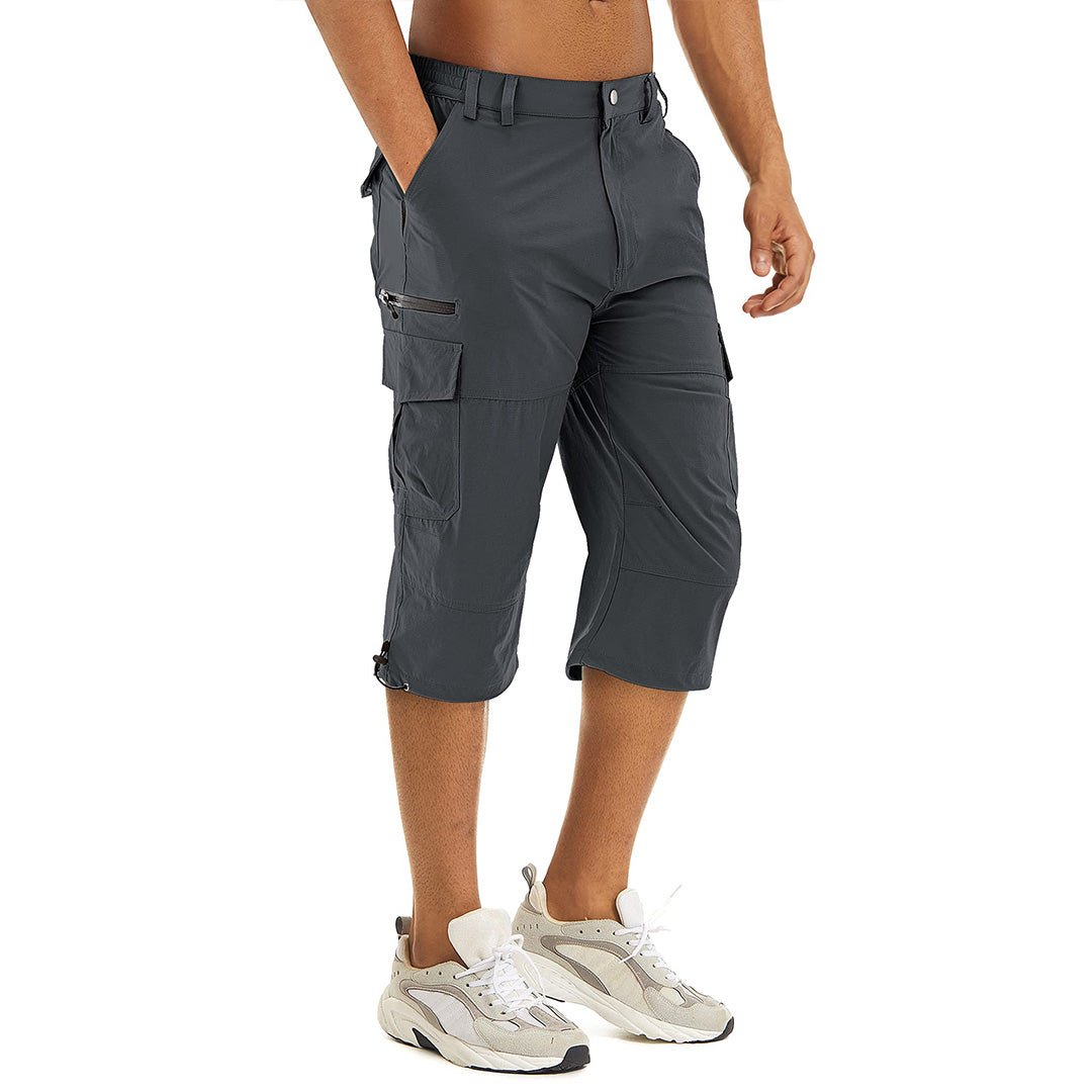 Men's lightweight cargo capri shorts in khaki, quick-dry nylon blend with multi-pocket hiking design