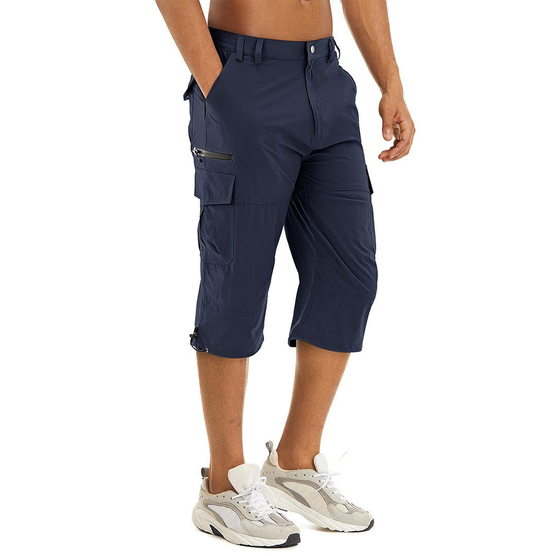 Men's lightweight cargo capri shorts in neutral tone, quick-dry nylon blend with multi-pocket hiking design