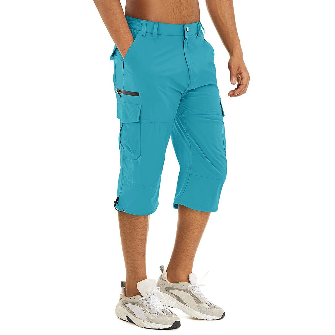 Men's khaki cargo capri shorts lightweight quick-dry nylon blend with multi-pocket outdoor design