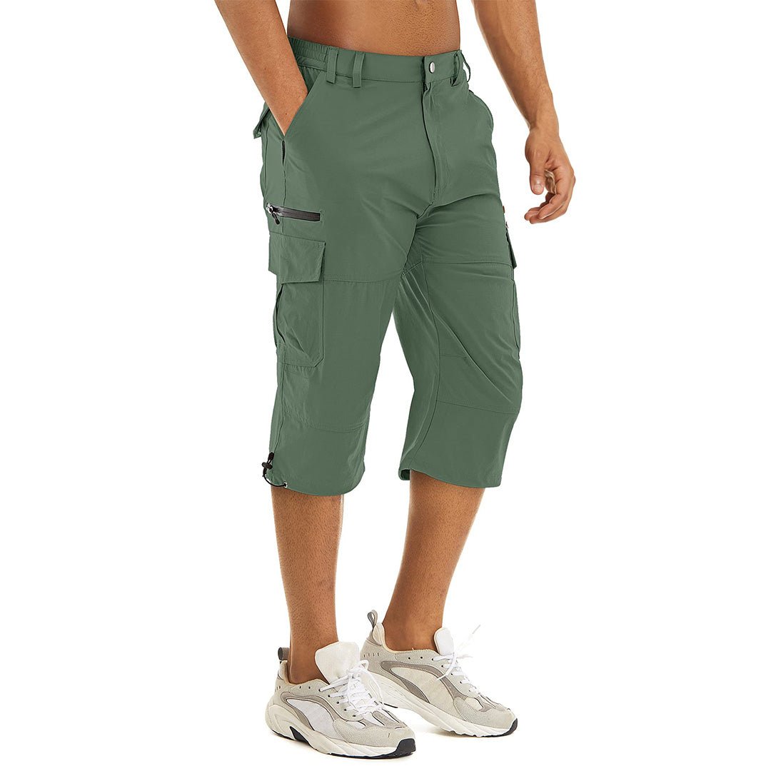 Men's khaki capri cargo shorts lightweight quick-dry water-resistant hiking outdoor wear with multi-pockets