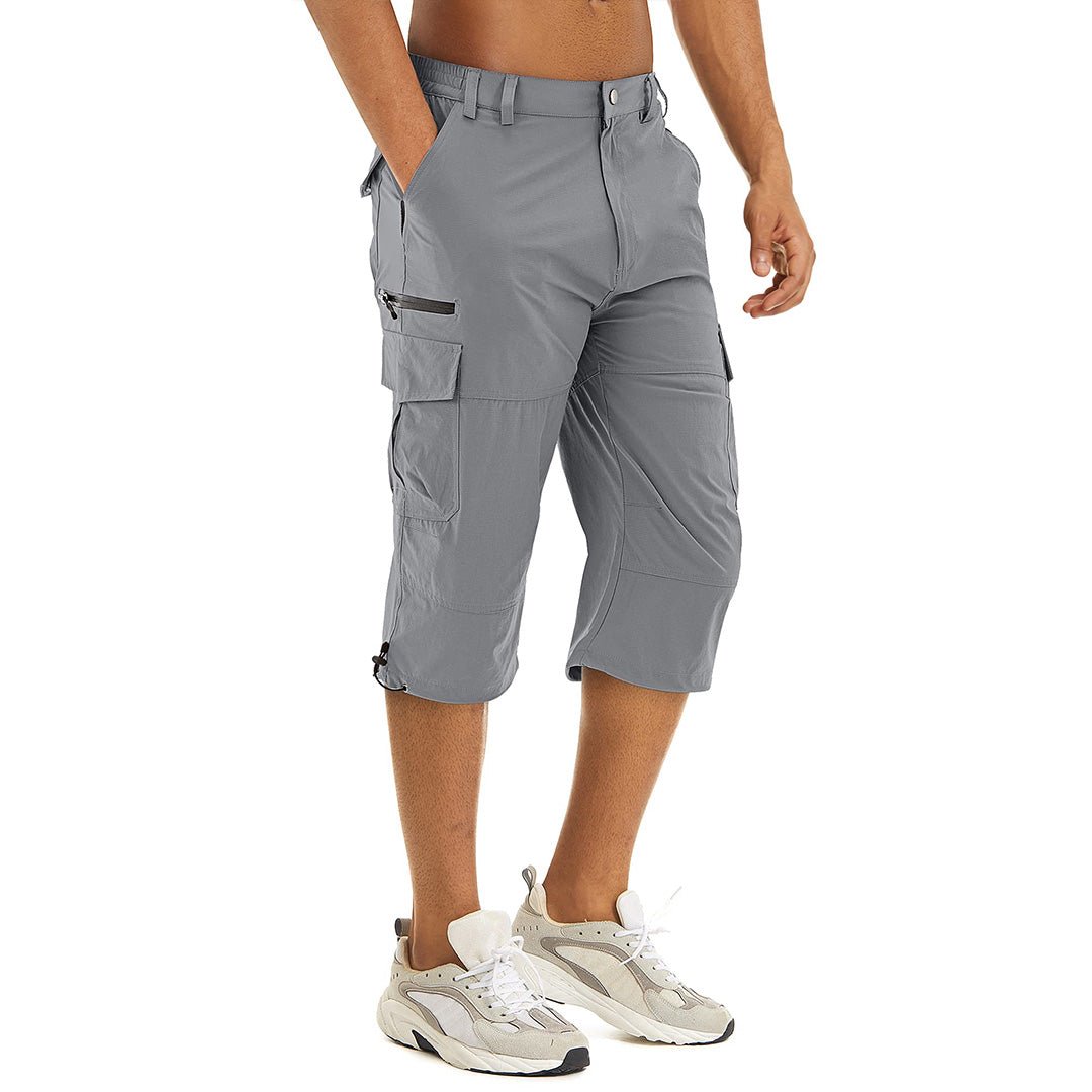 Men's lightweight cargo capri shorts in neutral tone, quick-dry nylon blend with multi-pocket design