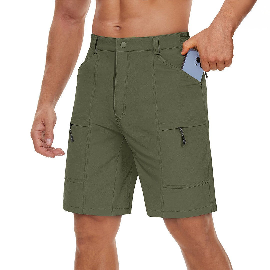 Men's khaki cargo hiking shorts lightweight quick-dry elastic waist breathable outdoor trail shorts