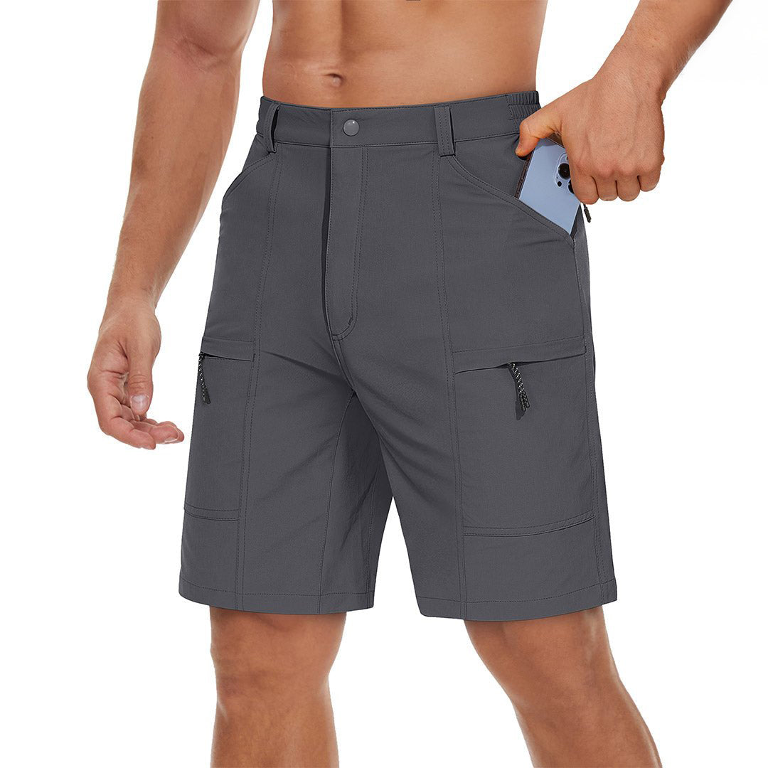Men's khaki cargo hiking shorts lightweight quick-dry elastic waist breathable outdoor trail shorts