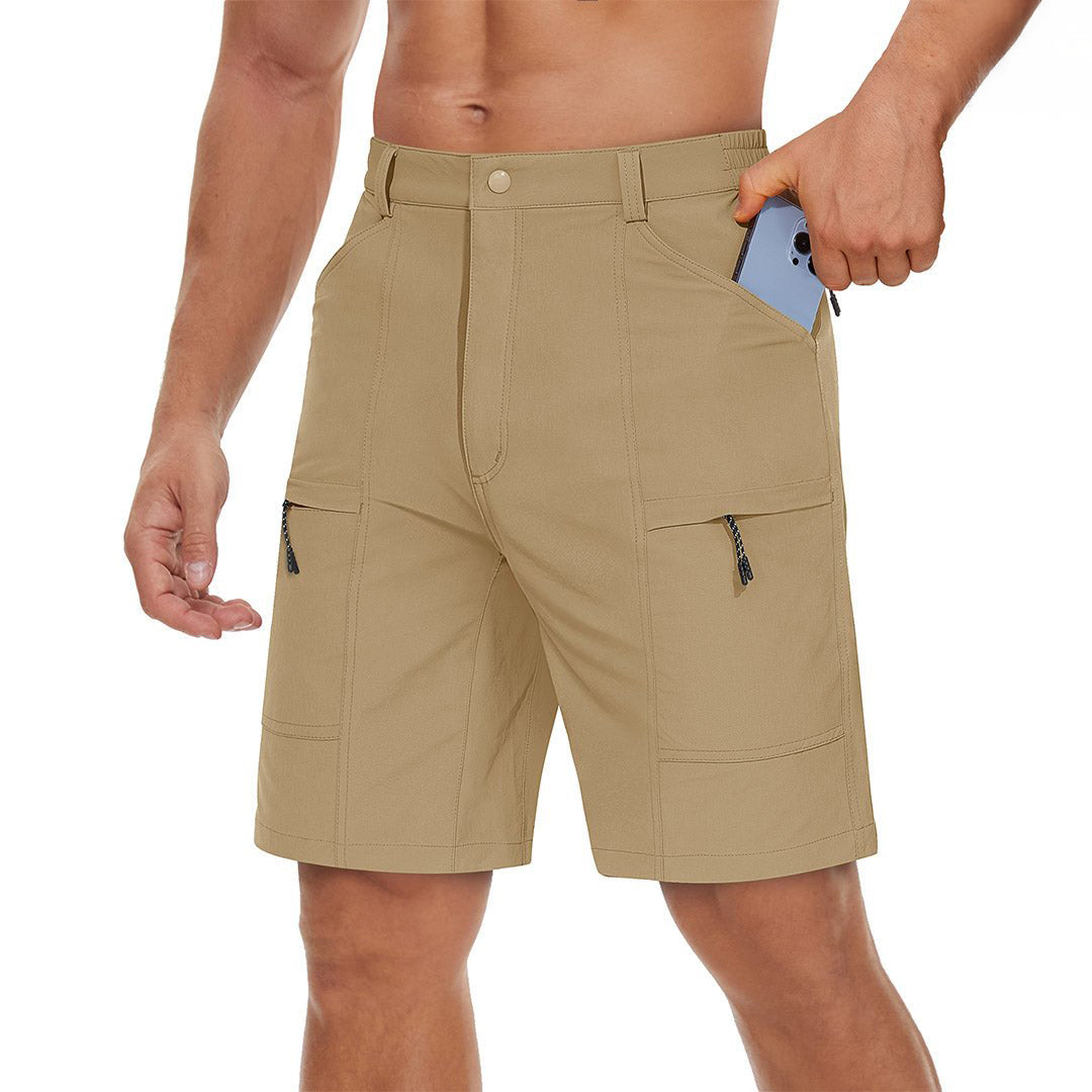 Men's khaki lightweight cargo hiking shorts with elastic waistband and quick-dry breathable fabric
