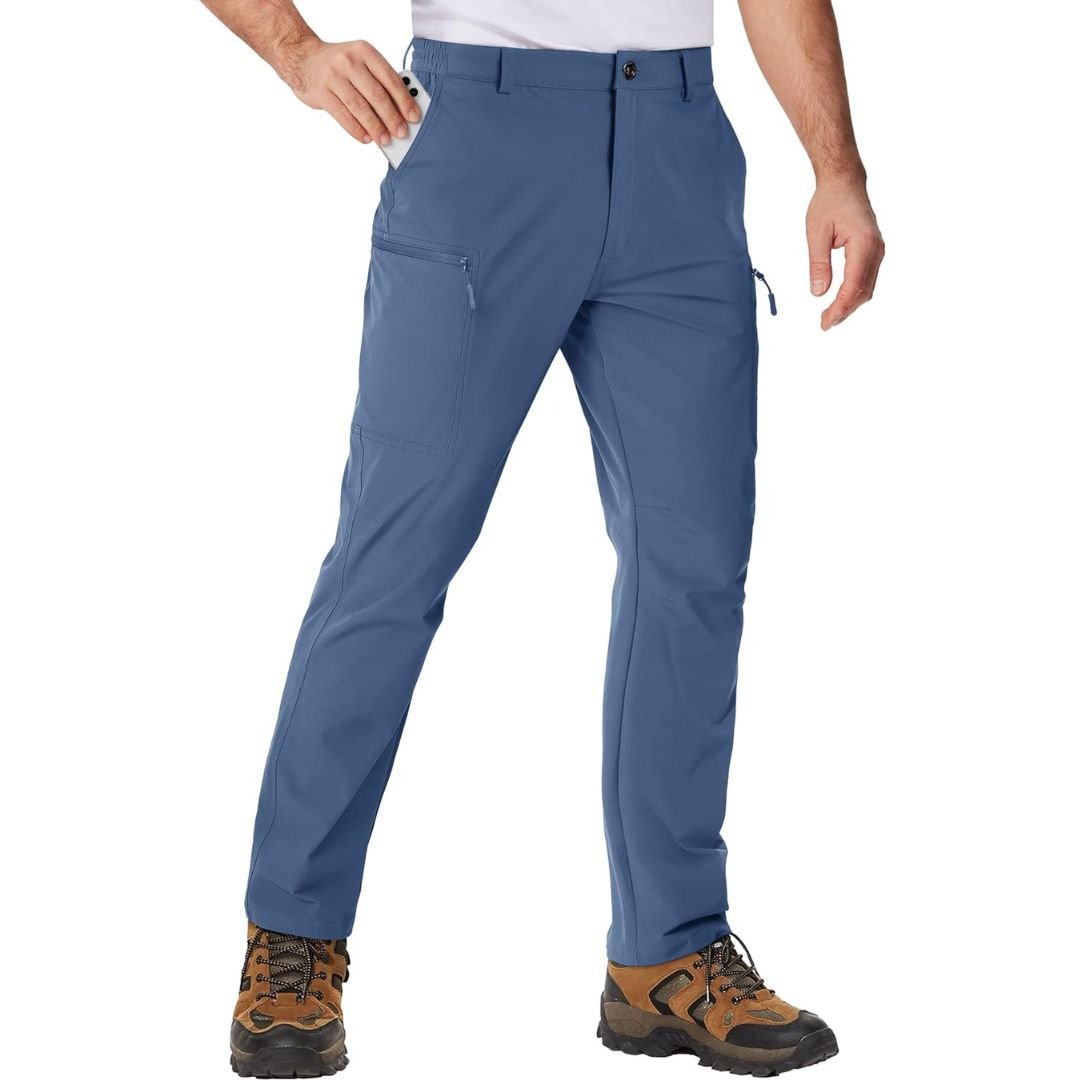 Men's lightweight ripstop hiking pants water-resistant quick-dry olive green with 6 functional pockets