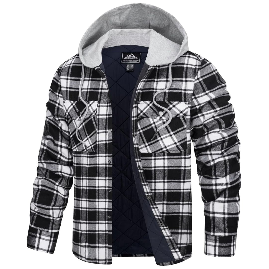 Men's thick plaid flannel hooded coat winter warmth durable cotton outerwear with pockets