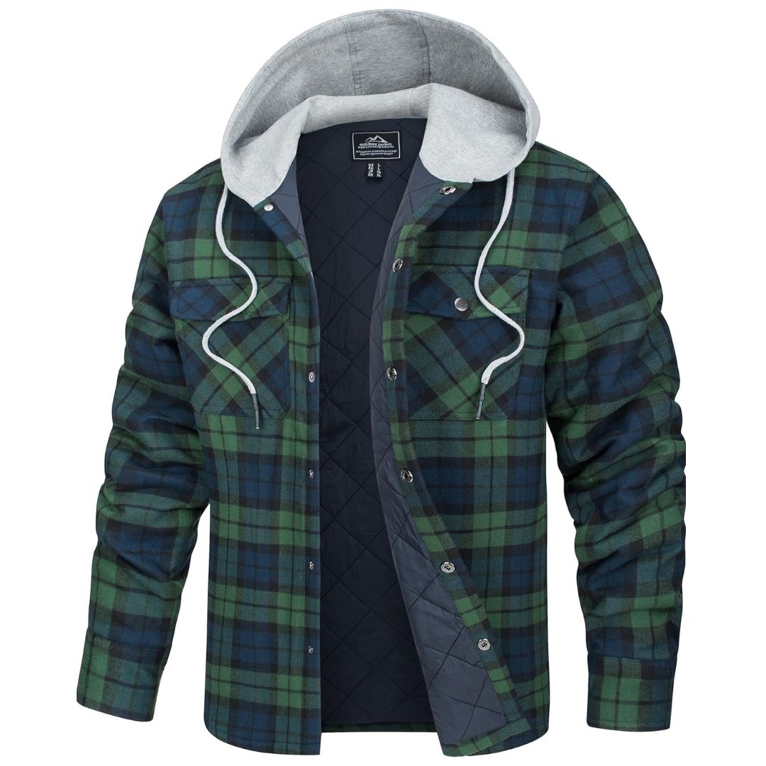 Men's thick plaid flannel hooded winter coat in classic check pattern with deep pockets, durable cotton