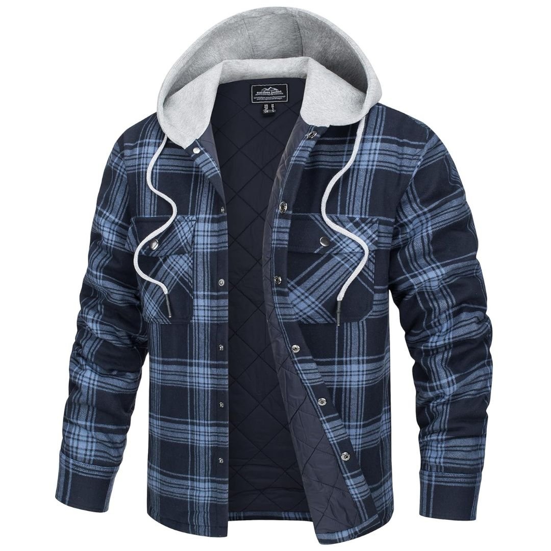Men's thick plaid flannel hooded winter coat in classic check pattern with front pockets