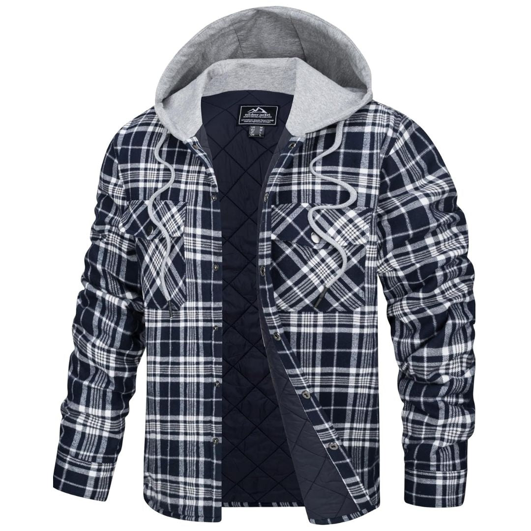 Men's thick plaid flannel hooded coat winter outerwear durable cotton with pockets long sleeve
