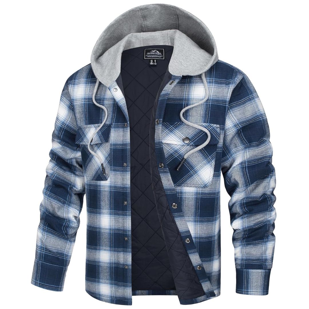 Men's thick plaid flannel hooded coat winter outerwear durable cotton with pockets long sleeve