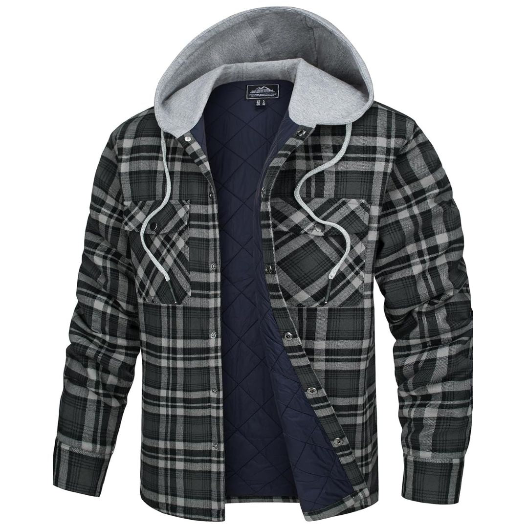 Men's thick plaid flannel hooded coat winter cotton outerwear with pockets long sleeve