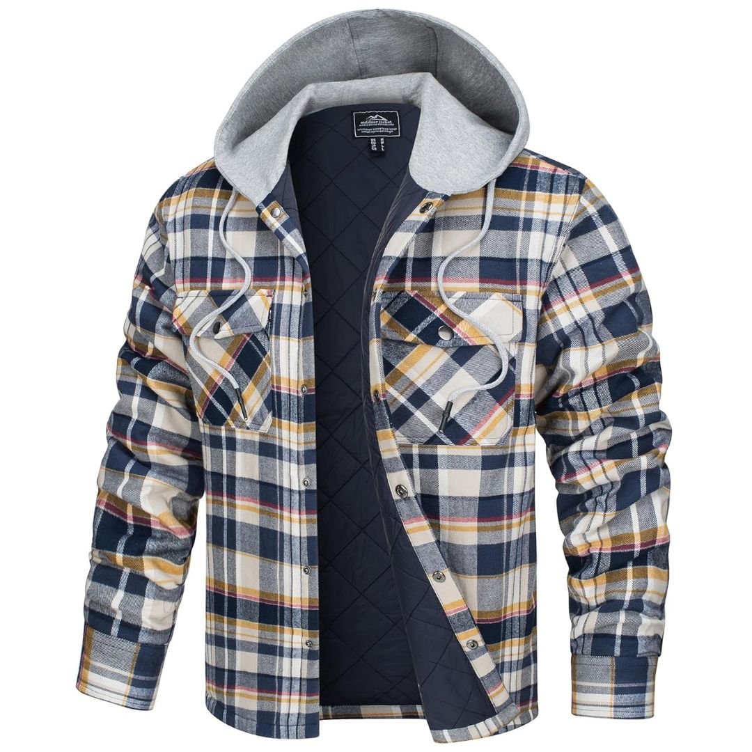 Men's thick plaid flannel hooded coat winter cotton outerwear with pockets, durable long sleeve