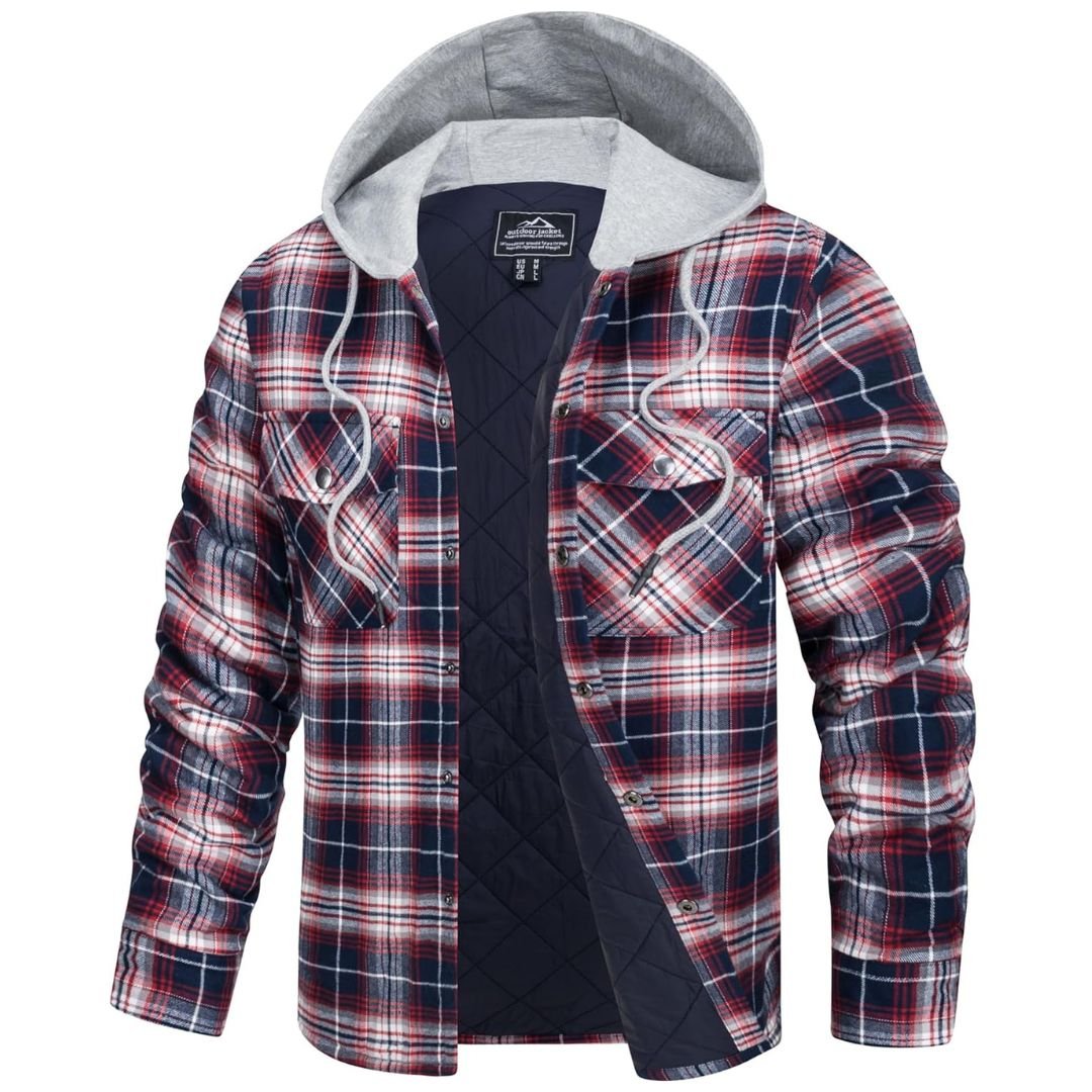 Men's thick plaid flannel hooded coat winter warmth durable cotton outerwear with pockets