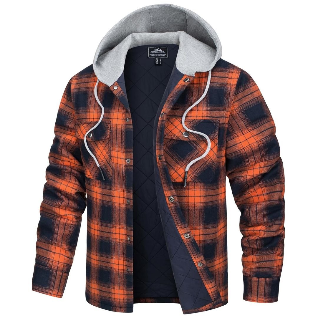 Men's thick plaid flannel hooded coat winter warmth durable cotton outerwear with pockets